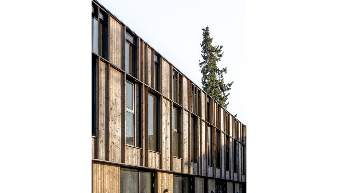 Valhøj Skole — facade detalje med træ